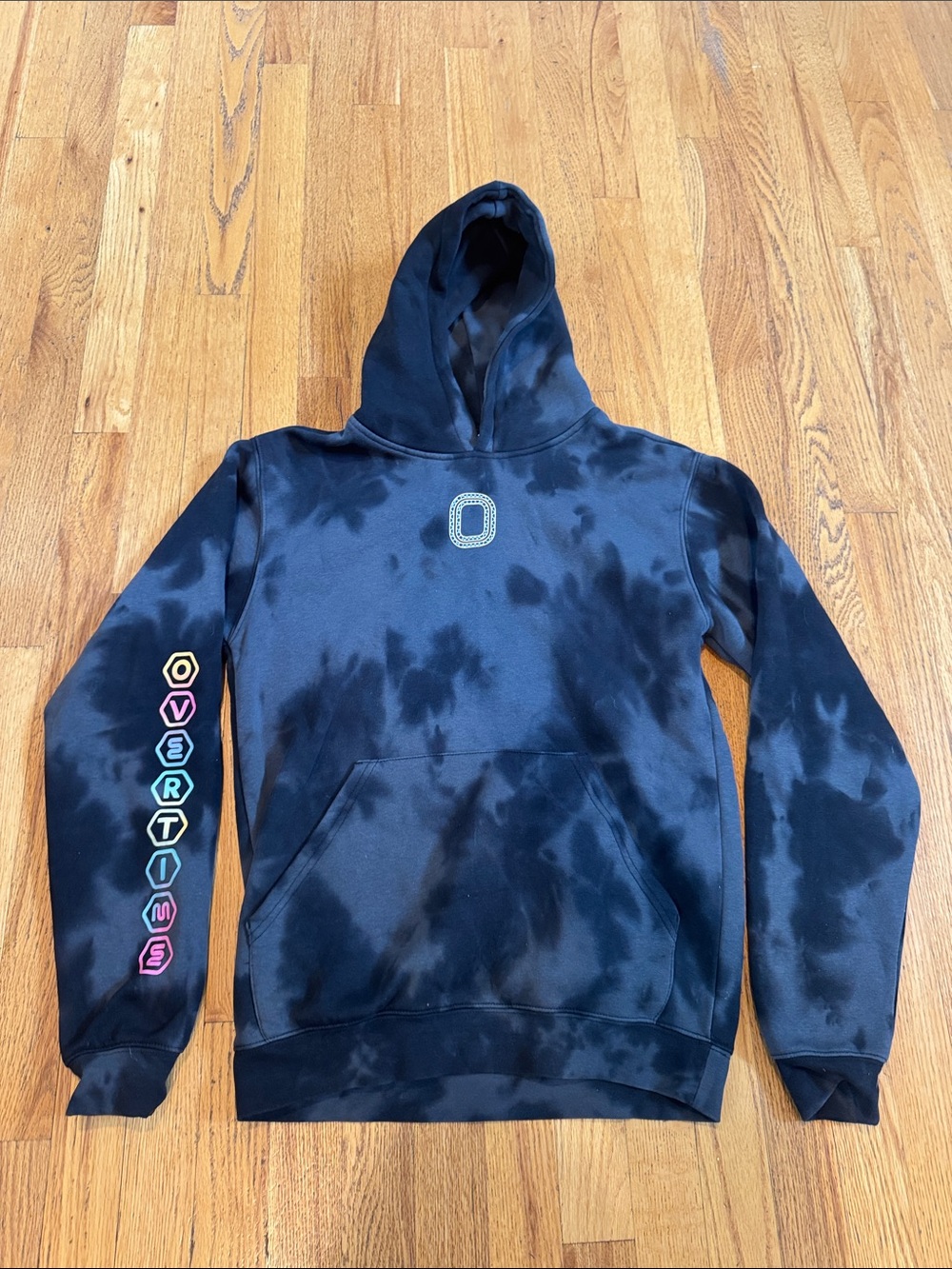 Overtime Black Tie-Dye Hoodie with Colorful Sleeve Lettering Youth XL